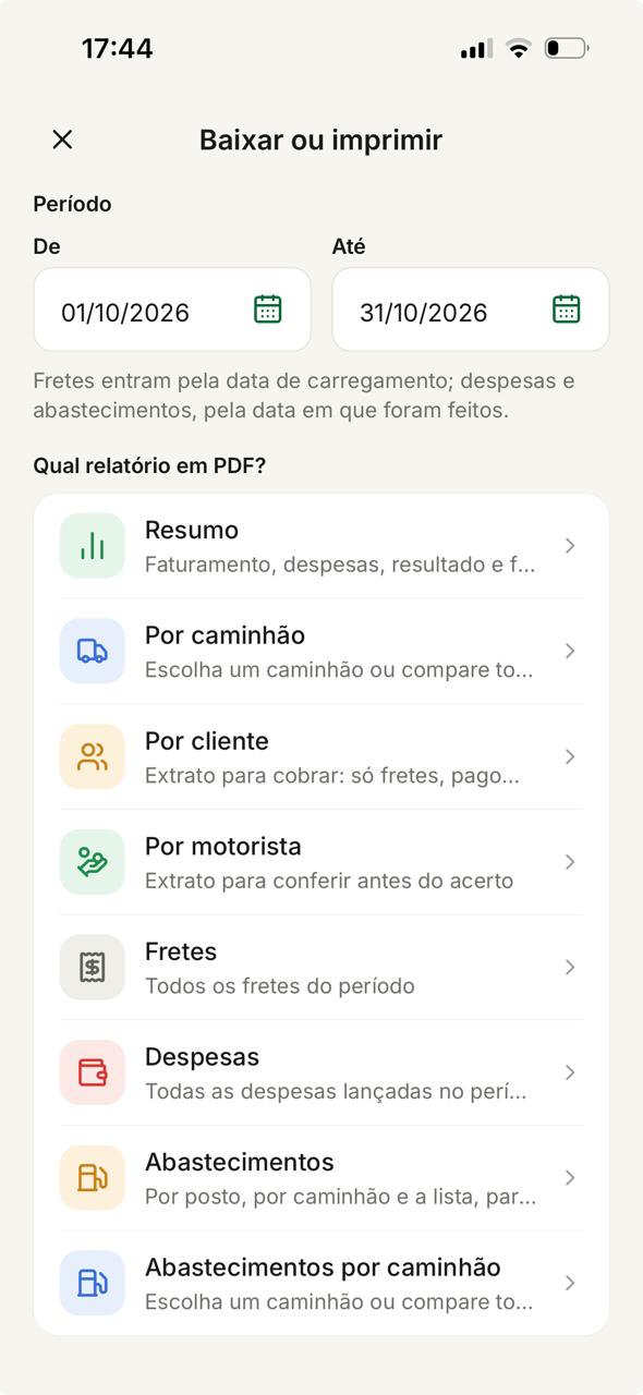 Tela Baixar ou imprimir com os relatórios em PDF