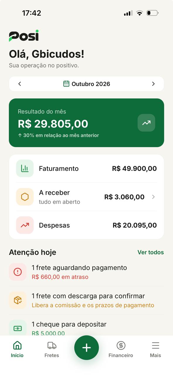 Tela Início do Posi com o resultado do mês