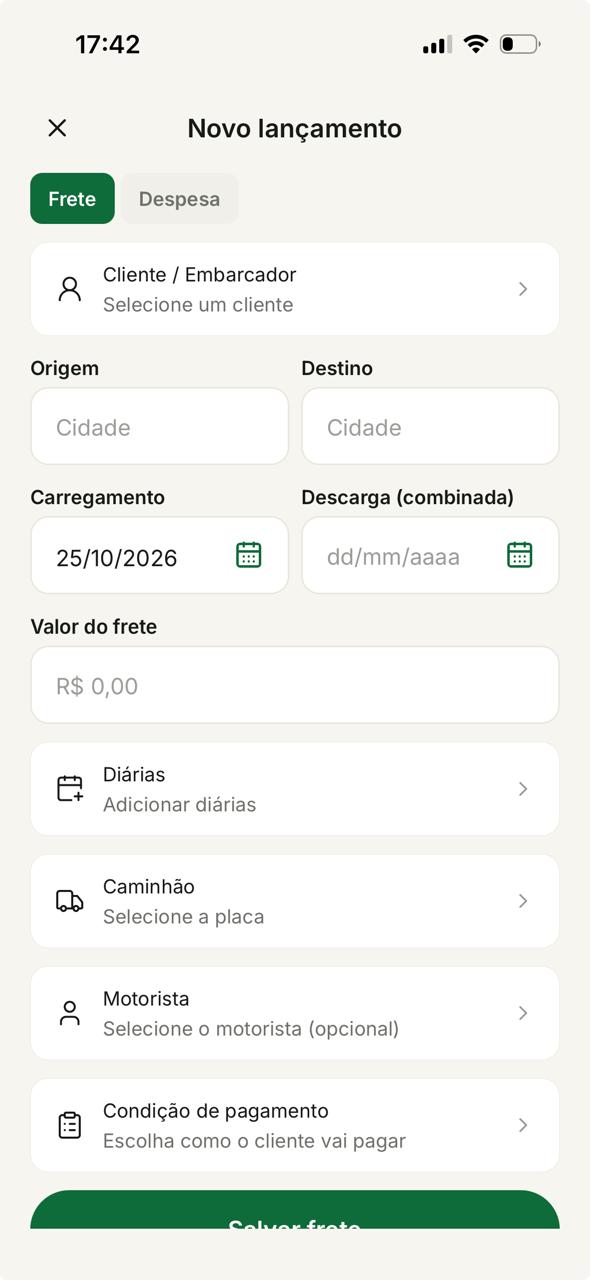 Tela Novo lançamento de frete